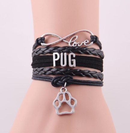 Infinity Pug Bracelet Dog Gift Pet Paw Charm Pug Mom Bracelet & bangle for Women and Men Pug Dog Bangle